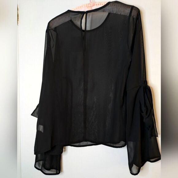 Stylish Sheer Black Blouse with Asymmetrical Hem & Bow Detail - Size M - Picture 7 of 9